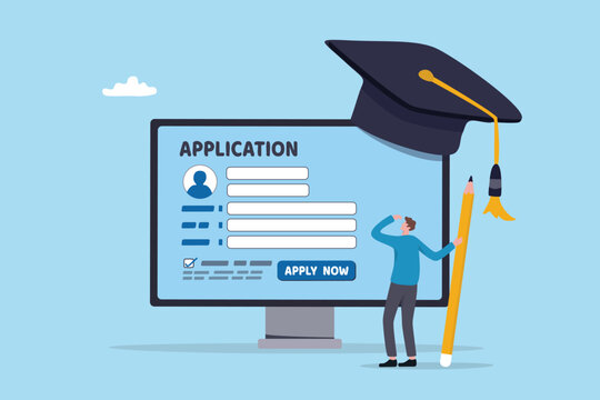 Apply for education scholarship, school, university or college application, academic degree opportunity admission, learning course concept, young student applying online scholarship application.
