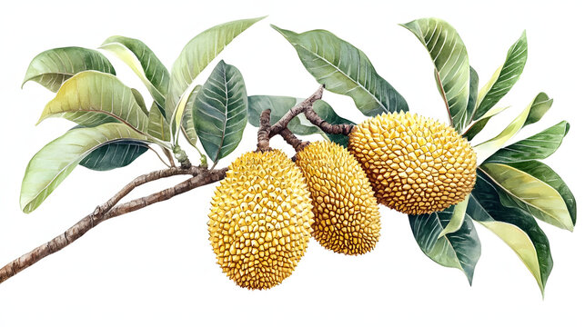 Jackfruit on a tree branch, 2D watercolor.
