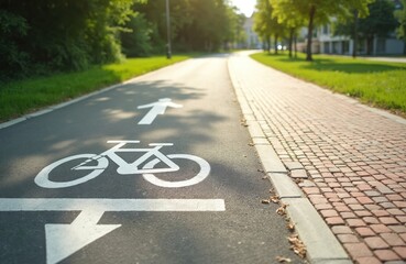 Fototapeta premium Shared pathway for cyclists and pedestrians. Asphalt road marked with bicycle and person symbols. Sunny day in green park with trees and paved sidewalk.