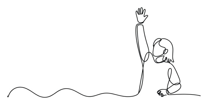 A minimalist one line drawing of a person raising their hand to ask a question or participate in a discussion, suitable for educational materials, communication themes, or abstract concepts.