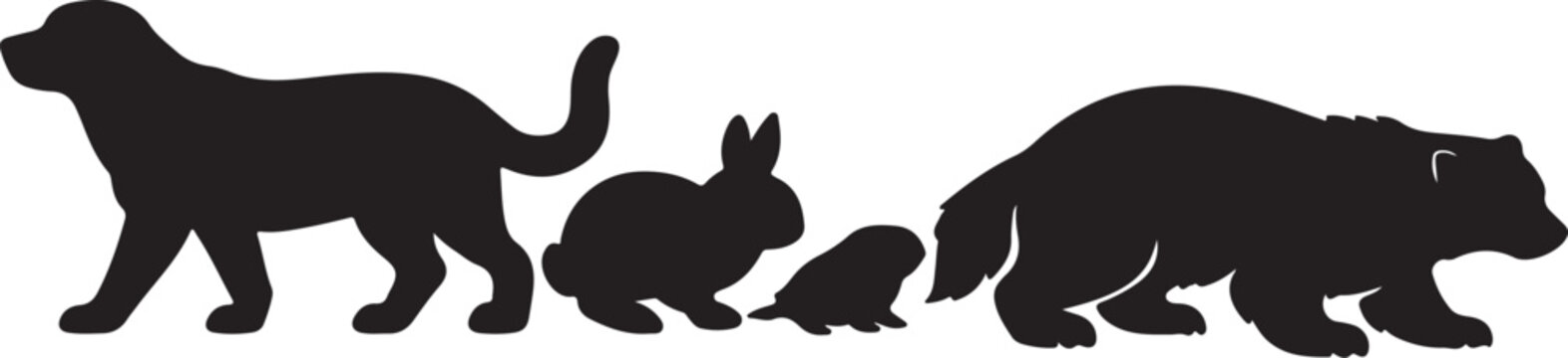 Black vector illustration of a wild animal silhouette collection featuring a bear, wolf, dog, cat, and kangaroo isolated on white