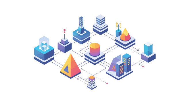 Isometric vector illustration of a machine system shows a network of factory engineering, each building displaying a different icon and connected by lines, against a clean white background
