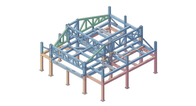 Isometric illustration of a building's structural engineering, displaying a complex network of beams and supports, rendered in light blue and green hues against a clean white background