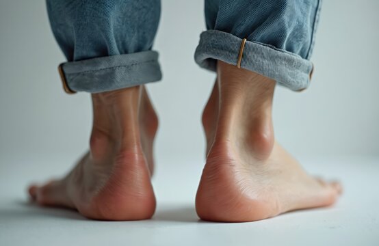Close up of bare feet showing heel bone bump. Person wears cuffed blue jeans. This is likely haglunds deformity. Medical condition close up.