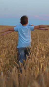 Child kids running through wheat field, run children group boy girl wheat field, agriculture, friends outdoors, people nature, slow harvest in the countryside, carefree sister in nature, community in