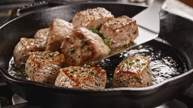 Deliciously seared filet mignon in cast iron pan, sprinkled with fresh herbs for a gourmet meal