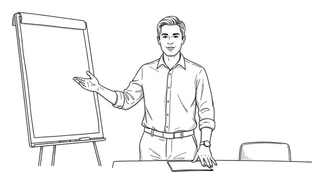 Sketch of a confident young man in a collared shirt actively presenting ideas and information using a flip chart, ideal for educational content, business presentations, or workshop materials