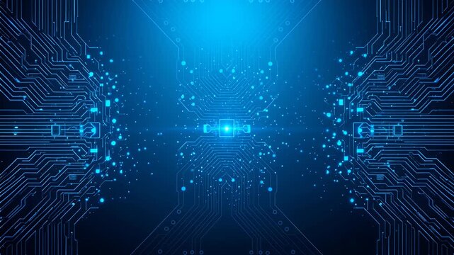 digital circuits glow in blue network background, abstract futuristic technology scene