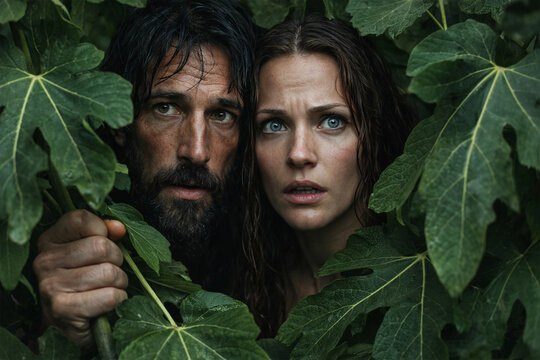 Adam and Eve hide in lush foliage with expressions of profound fear and guilt.