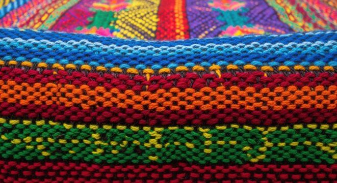 Vibrant multicolored woven fabric with intricate patterns and textures on display under natural ligh