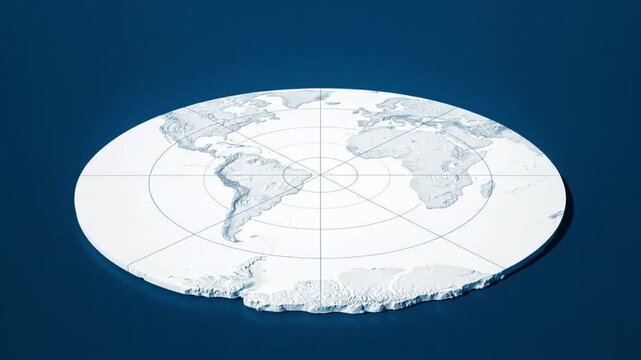 Creative 3D render of a flat Earth map with topographic features against a dark blue background
