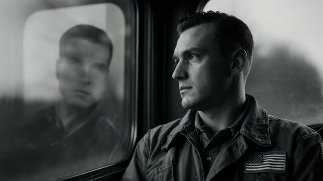 Soldier sitting on a train looking out the window. Historical military journey during the Second World War. Thoughtful man in uniform with reflection