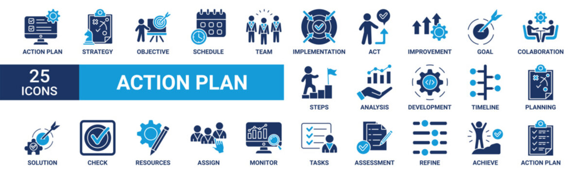 Action plan icon set. Containing strategy, objective, schedule, team, implementation, act, improvement, goal, collaboration and more. Solid vector icons collection.