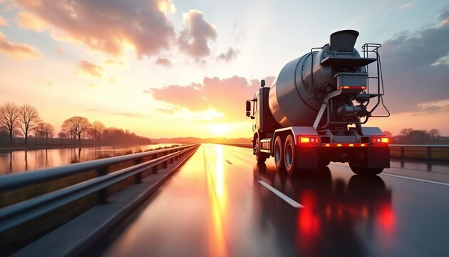 Concrete mixer truck drives fast on highway at sunset. Vehicle transports building material for construction project. Heavy industry transport speeds on road near river.