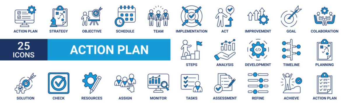 Action plan icon set. Containing strategy, objective, schedule, team, implementation, act, improvement, goal, collaboration and more. Blue vector icons collection.