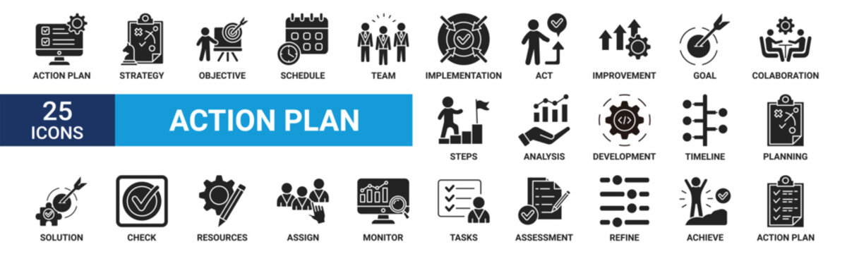 Action plan icon set. Containing strategy, objective, schedule, team, implementation, act, improvement, goal, collaboration and more. Glyph vector icons collection.