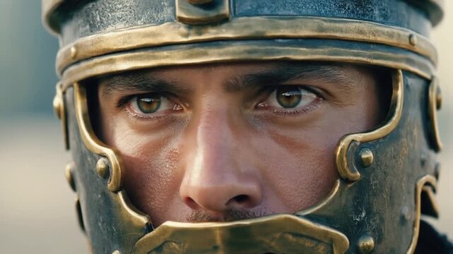 Close-up view of a Roman soldier.