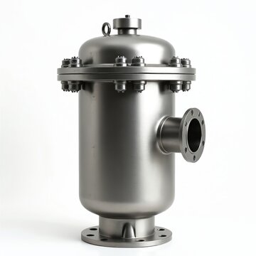 Stainless steel industrial strainer filter on white background. Water pipe system component for fluid cleaning. Equipment for liquid filtration in process engineering and plumbing.