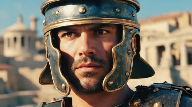 Close-up view of a Roman soldier.