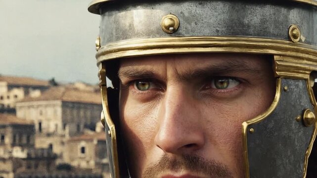 Close-up view of a Roman soldier.