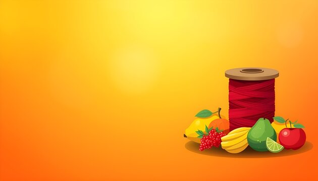 traditional chaitra sankranti background with kite string spool and fresh harvest fruits on vibrant orange background