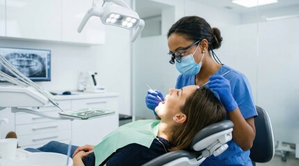 Obraz premium Skilled female dentist in a face mask and loupes performing a routine dental examination on a young patient in a bright, modern dental office, focusing on oral health and preventive care.