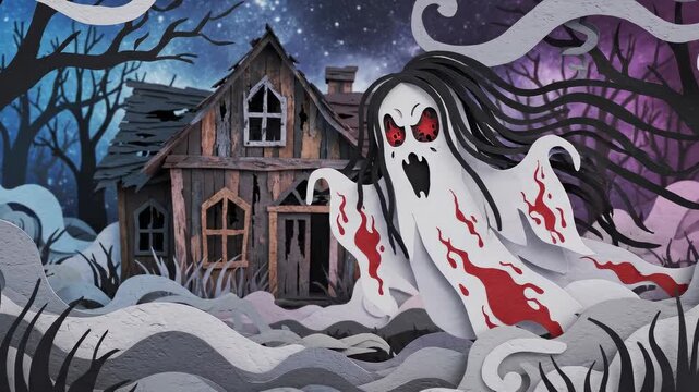 A ghost with long black hair and red accents emerges from mist near an eerie, dilapidated house under a starry night sky