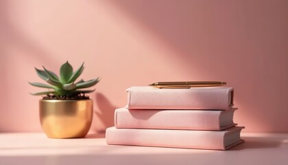Plakat Pink books with gold pen and succulent plant in gold pot sit on desk. Soft light and shadows create elegant minimal workspace. Study or office theme for creative work or learning.