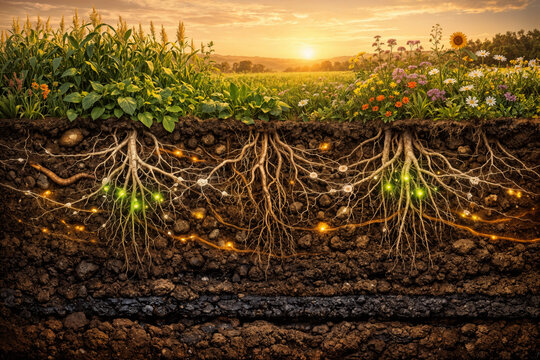 Regenerative agriculture cross-section showing living soil carbon sequestration mycorrhizal networks root exudates humus amber dissolved organic carbon and biodiverse field at golden hour