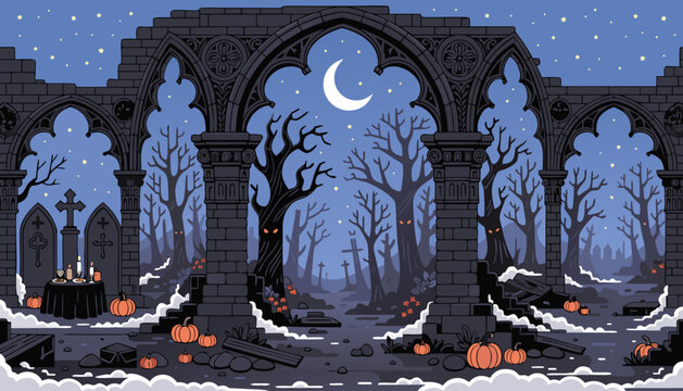 Halloween Gothic Ruins and Creepy Graveyard at Night Vector Landscape.