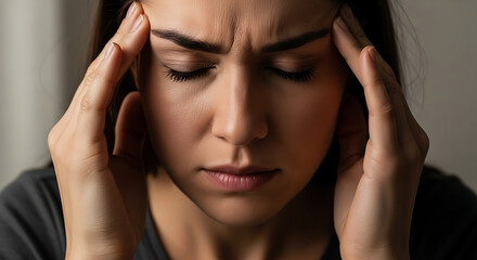 Naklejka premium Woman experiencing headache at home with hands on face
