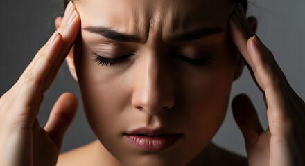 Fototapeta premium Woman experiencing stress and headache with hands on temples