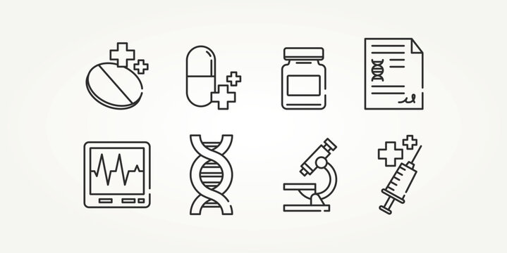 minimalist set of healthcare and hospital line art icons vector illustration design. capsule, microscope, medicine and more