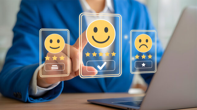 Customer Satisfaction Survey with Star Ratings and Smiley Face Icons, Illustrating User Experience and Feedback
