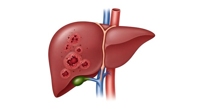 Medical illustration of a diseased liver with cancerous tumors and damage.