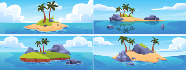 Obraz premium Tropical island with palm trees in ocean vector flat illustrations set, piece of land with sandy shore, rocky mountain