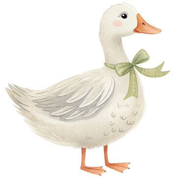 Cute Watercolor Duck with Green Bow Tie