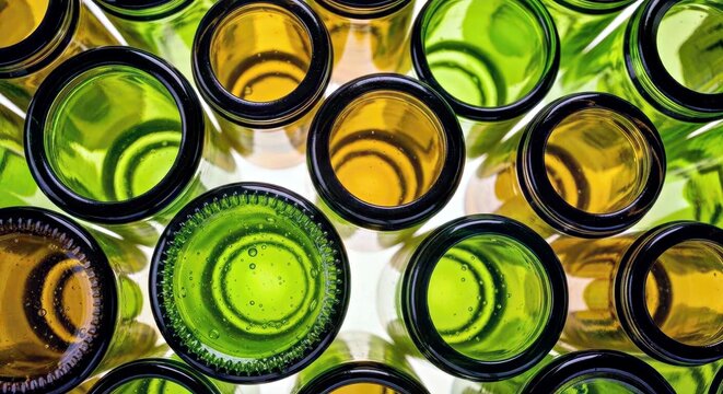Eco Friendly Glass Bottle Tops Aerial View Marketing Stock Photo Glass Bottle Tops Eco Friendly Packaging