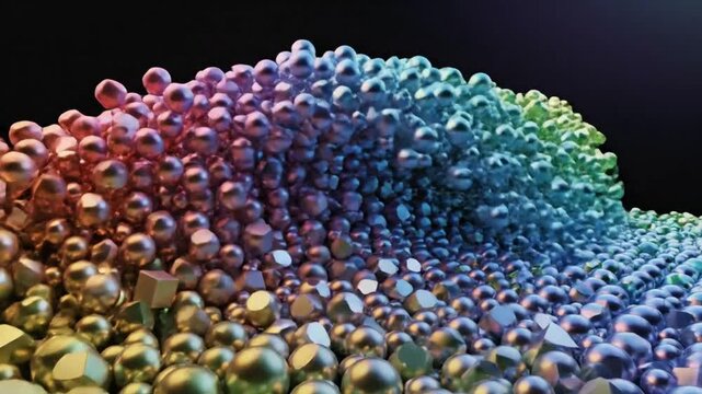 Abstract Colorful Wave of Spheres and Geometric Shapes on a Dark Background: Creative Artistic Visualisation