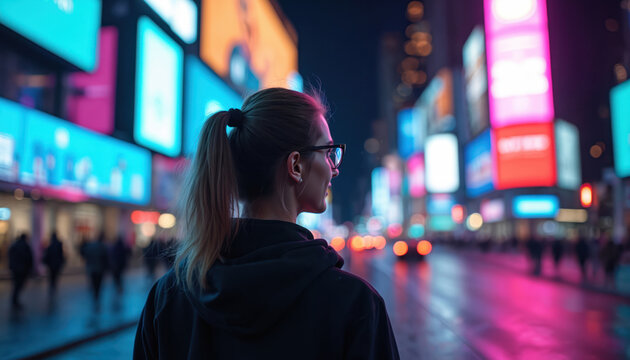 Woman watches bright city billboards at night. Crowds walk streets reflecting neon lights. Futuristic urban landscape with digital ad screens glows.