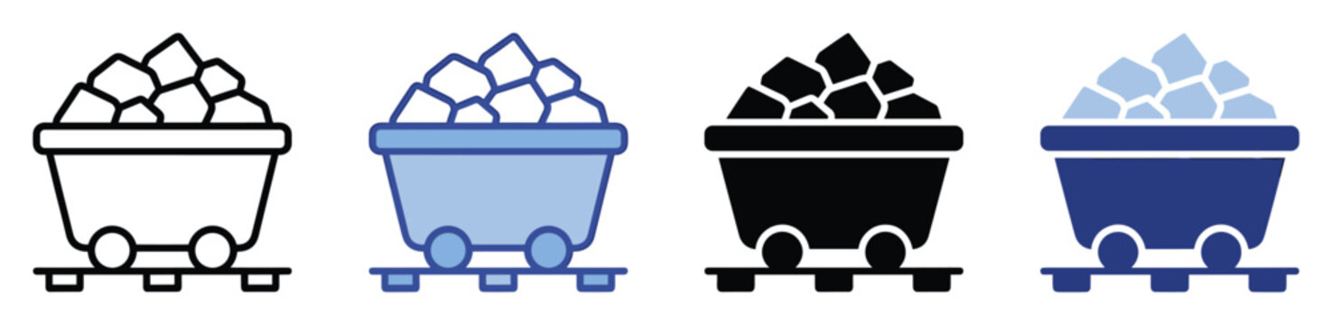 Versatile mine cart icon set loaded with coal or ore on rails, perfect for conveying industrial processes, resource extraction, or material transport in digital applications and educational