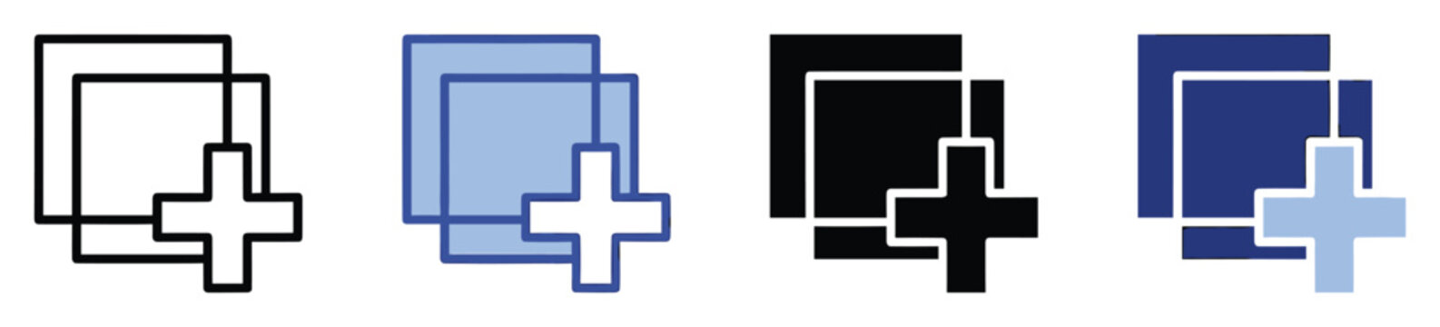 Adaptable add document icon symbol in various visual styles like outlined, filled, and solid representations ideal for digital interfaces, business presentations, and software.