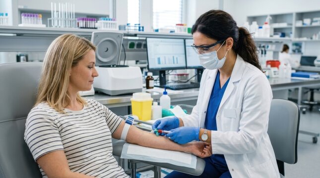 Female patient getting blood drawn by a medical professional in a modern clinical laboratory. Phlebotomist performing venipuncture for diagnostic testing and medical analysis.