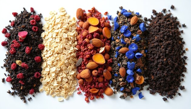 Five piles of dry ingredients including tea leaves oats almonds and berries. Different flavors arranged side by side for making tea or breakfast.