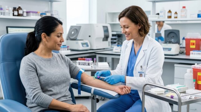 Female phlebotomist gently drawing blood from a smiling woman patient's arm for diagnostic testing and health check-up in a clean, modern medical laboratory.