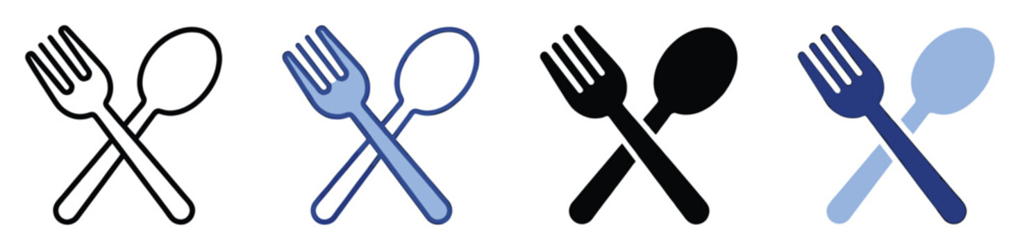 Restaurant dining utensils icon set featuring crossed fork and spoon symbols perfect for menu designs food delivery applications kitchen decor and culinary websites