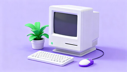 Fototapeta premium Retro Purple Computer · Green Plant Nostalgic Office Scene