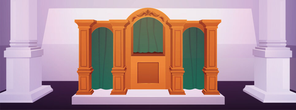 Confessional booth, vector flat church interior confession wooden furniture with green curtains,vintage chapel interior