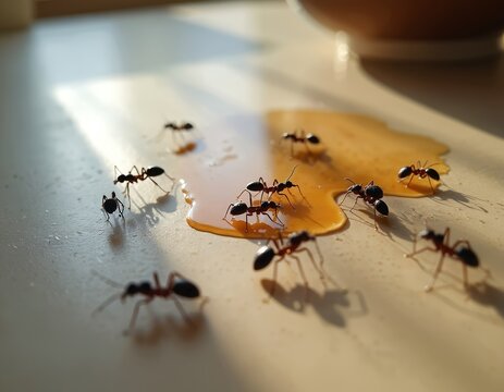 Ants swarm sugary liquid spilled on kitchen table surface. Tiny insects gather to feed on sweet fluid. Household pest infestation requires cleanup and prevention.
