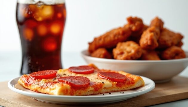 Slice of pepperoni pizza served on a plate beside a bowl of chicken wings and a glass of. This classic fast food combo is perfect for parties, game nights, or casual meals.